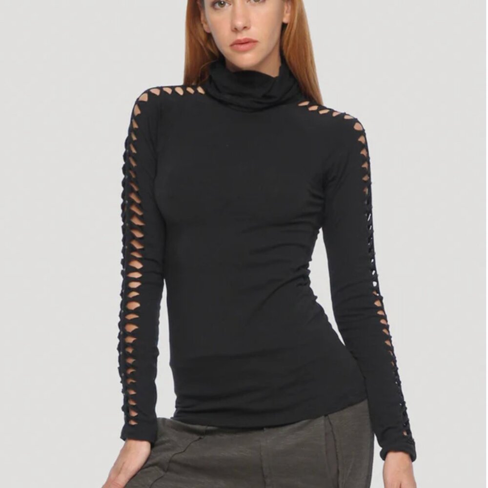 Black Raffia Long Sleeves Braided Top Turtleneck Psylo Streetwear